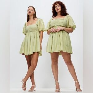 Emerson Ruched Puff Sleeve Mini Dress - Pastel Green - Medium
